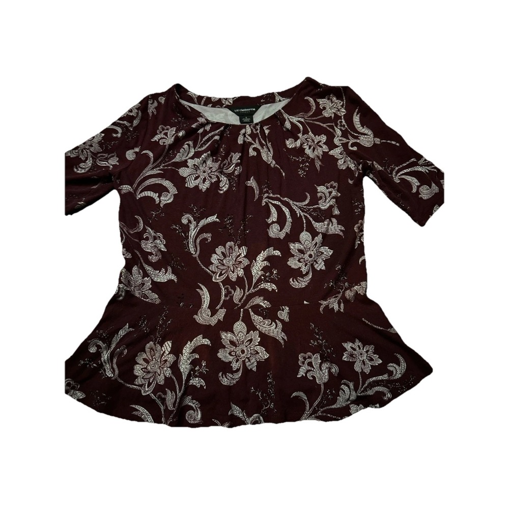 Liz Claiborne Career Red Floral Print Short Sleeve Top Womens Size‎ Small Blouse